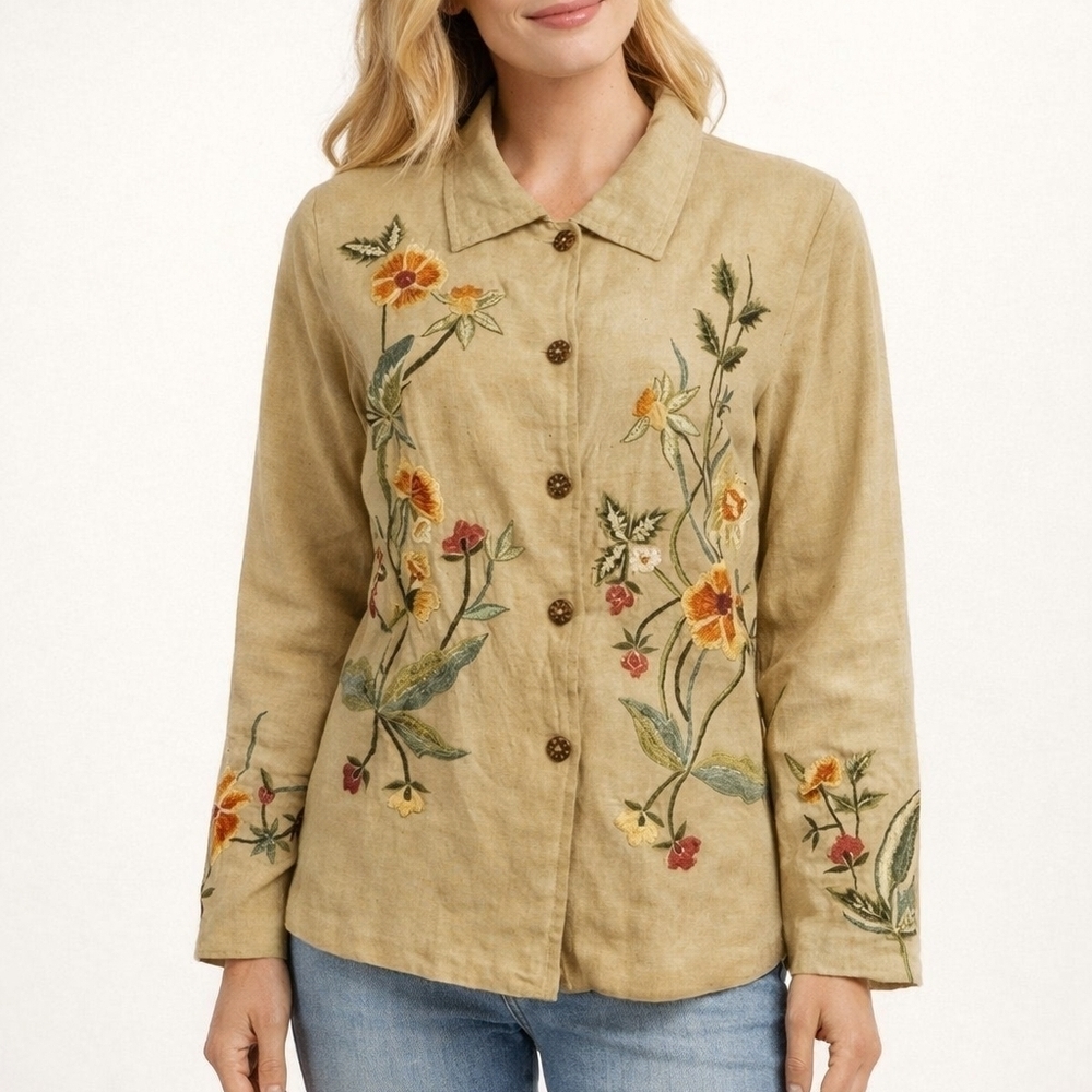 Vtg TAPESTRY PATCH Linen Floral Embroidered Decorative Button Down Shacket
